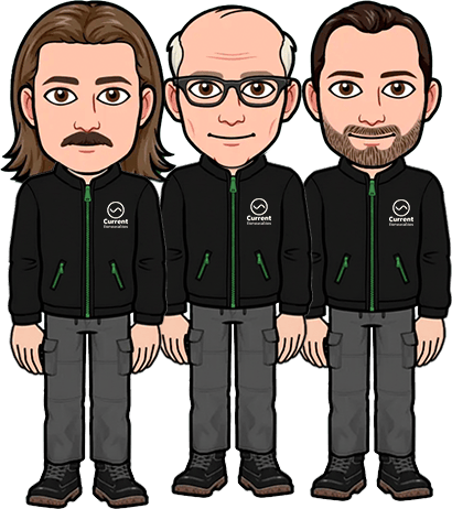 Three cartoon characters with black jackets and glasses.