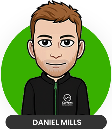 Cartoon figure in black jacket with green background.